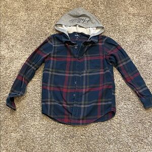Hollister Blue and Red Plaid Shirt with Gray Hood
